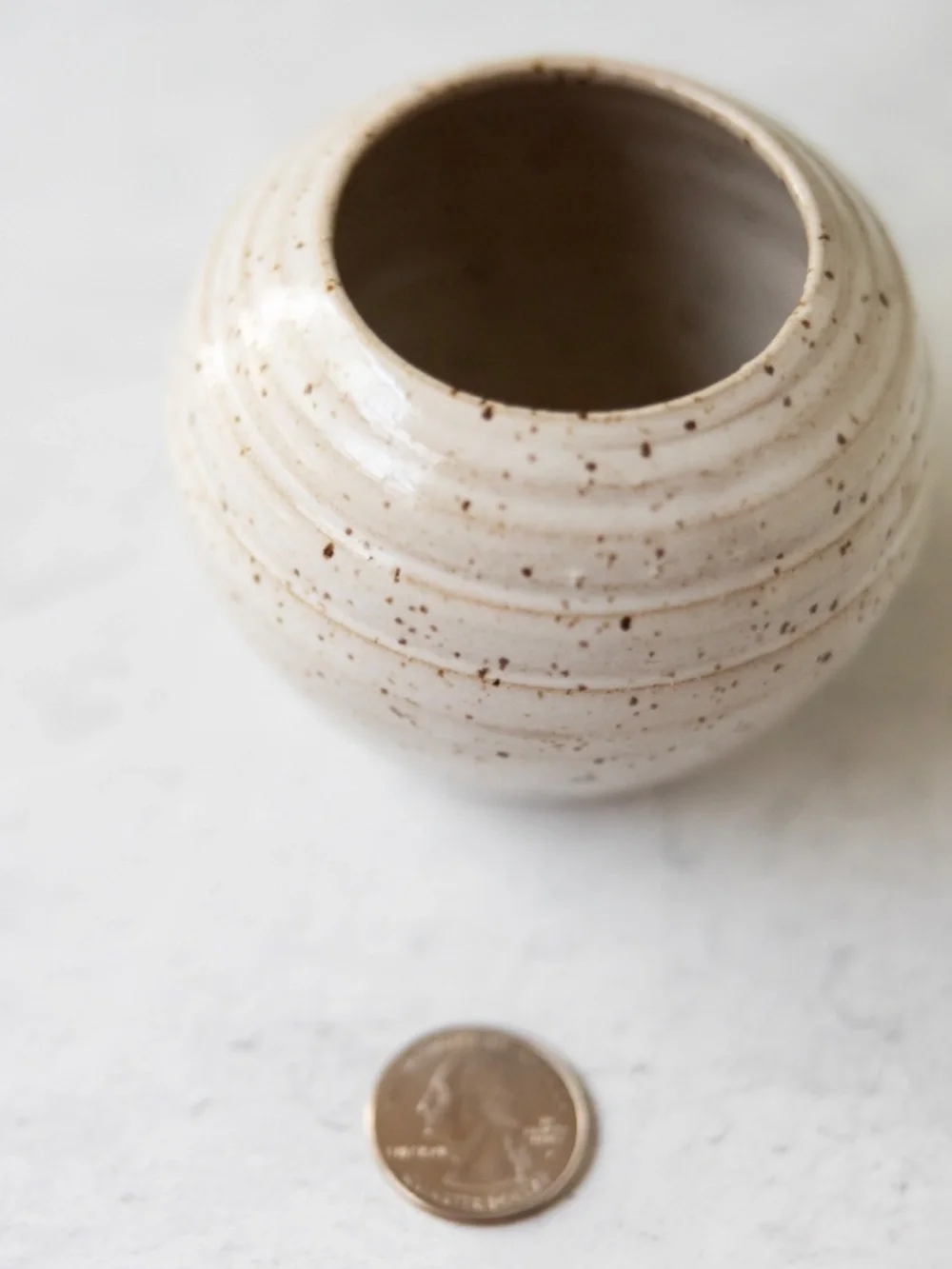 Signed handmade studio pottery pin flower frog ikebana round beige speckled pot